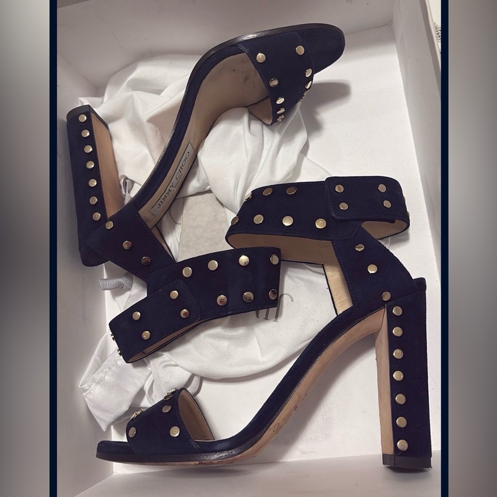 Jimmy Choo Navy and Gold Studded Heels